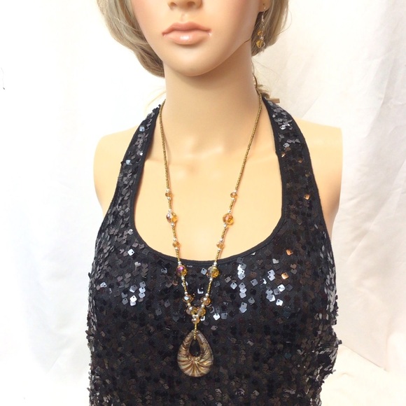 Fashion Boho Brown and Gold Glass Statement Necklace and Dangle Earring Set - Picture 9 of 9